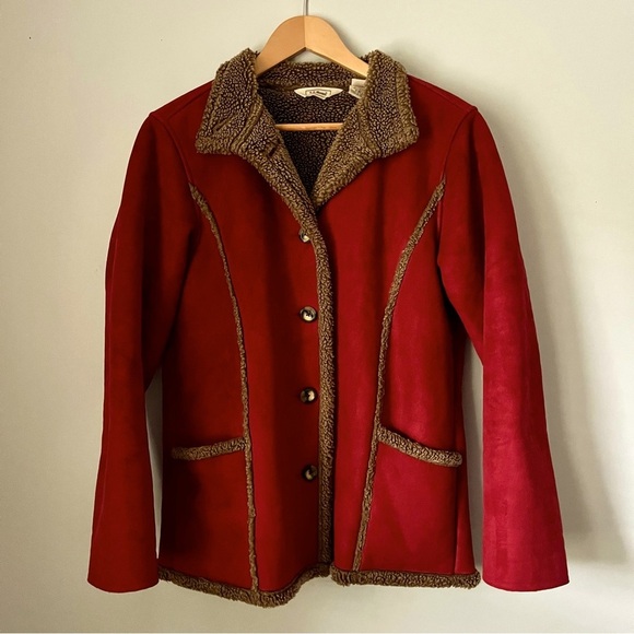 L.L. Bean Faux Suede Sherpa Shearling Lined Button Up Jacket Size Small Petite - Picture 1 of 16